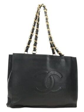 CHANEL Chain Tote Bag Leather Black Gold CC Auth 180487SAV